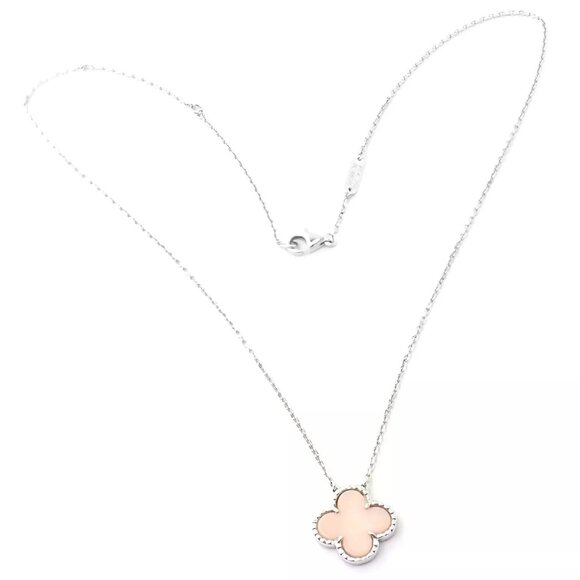 Authentic! Van Cleef & Arpels Alhambra 18k White Gold Pink Opal Pendant Necklace - Picture 3 of 7